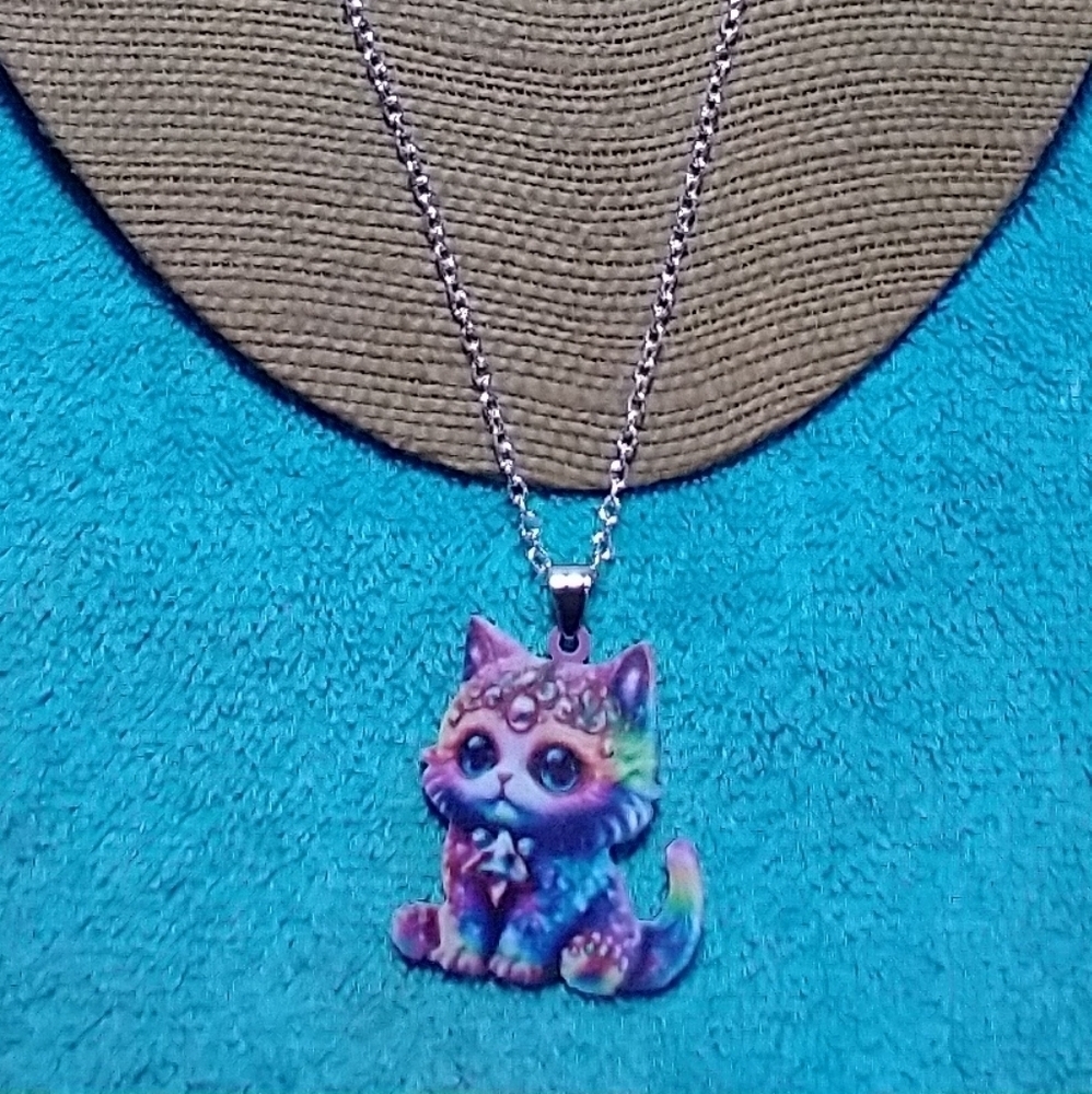 Colorful cat necklace purple blue pink green